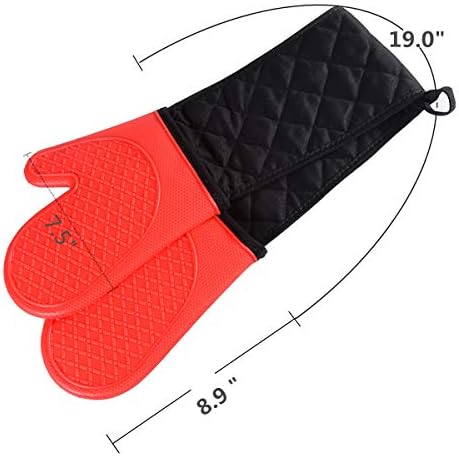 ATWG Double Oven Glove, Non-slip Kitchen Oven Mitts with Cotton Lining, Extra Long Silicone Oven Gloves for Grilling, Cooking, Baking, Microwave, Heat Resistant to 500 Degrees (Red)