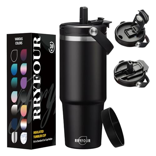 30 oz Tumbler with Handle and Straw - Keep Cold 36H & Hot 12H, Metal Coffee Cup with Lid (Straw & Flip Lid), 30oz Insulated Stainless Steel Thermal Mug, Leak-proof Travel Water Bottle by RRYFOUR - Used condition - US$21.31