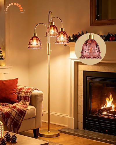 3-Light Glass Floor Lamp Red Shade 70" Gold Dimmable Tall Standing Lamp