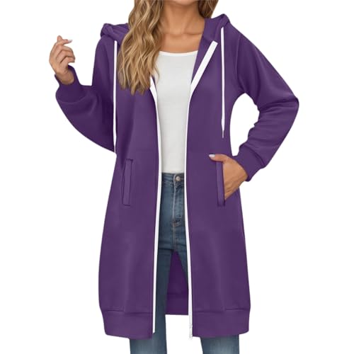 Sweat-shirt à capuche long femme avec grandes poches et cordon réglable