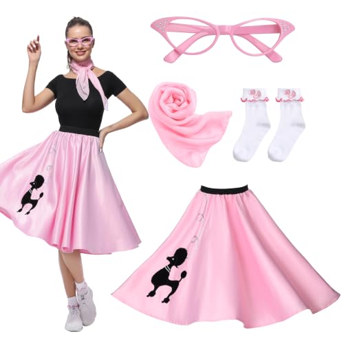 OFCOSU Sock Hop Costume Adults, 1950s Rock & Roll Outfit Women, Pink 50's Poodle Skirt with Glasses, Scarf and Socks for Women 12-18, L/XL
