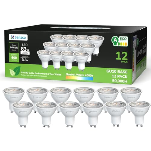 sailsco Clase A GU10 LED Spot Bombilla Blanco Neutra 3.3W 4000K,GU10 Bombilla de Ahorro de Energía 83W Lámpara Incandescente de Repuesto,ángulo de haz 36°,No Regulable LED Bombillas,12 piezas