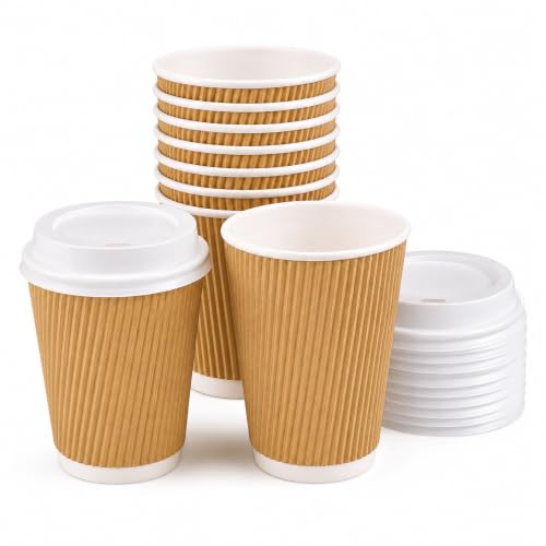 Image of 16oz Disposable Coffee Cups with Lids, 30 Pack Kraft Ripple Wall Paper Cup