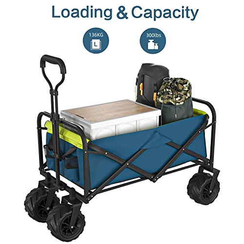 Knowlife Collapsible Wagon, Beach Wagon With Big Wheels For Sand, Beach Cart With Retractable Handle, Utility Wagon Cart Heavy Duty For Beach Shopping Sports, Blue #TOP1