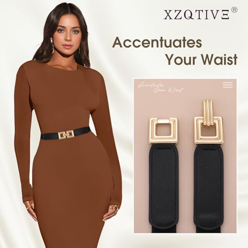 XZQTIVE 2 Pack Women Skinny Stretchy Cinch Belt for Dresses, Thin Elastic Belt Ladies Waist Belt with Retro Gold Buckle3