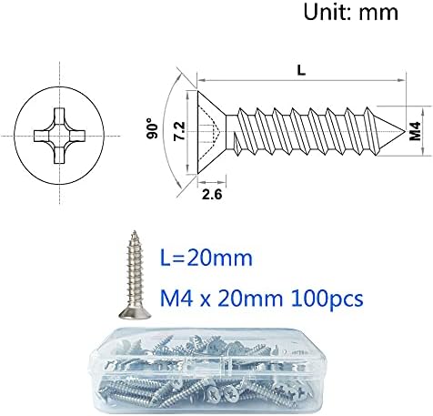 M4 Stainless Steel Self Tapping Screws,100pcs M4 X 20mm Phillips Flat Head Wood Srews DIY Woodworking Screws with Box (M4 X 20mm 100 PCS)