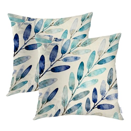 Batmerry Blue Watercolor Leaves Throw Pillow Covers, Victorian Decorative Pillow Covers Digital Printing Blended for Couch Sofa Bed Invisible Zipper 22X22 in(Set of 2)