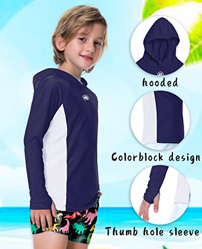 Little Boy Uv Shirt Girls Sun Protective Hooded Rash Guard Long Sleeve Color Block Fish Shirt Navy White 9-10 Years #TOP1