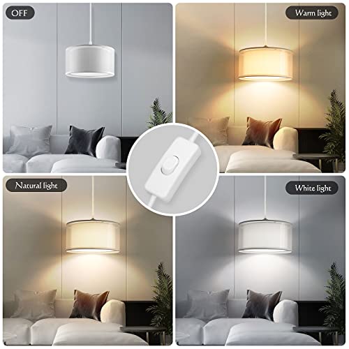 Plug in Pendant Light, 15FT White Cord Hanging Lights with Plug in Cord, Hanging Light with On/Off Switch, Double Linen Shade Fabric Design, Pendant Llight Fixture for Bedroom Living Room Restaurant by SLYYMY - Image 3