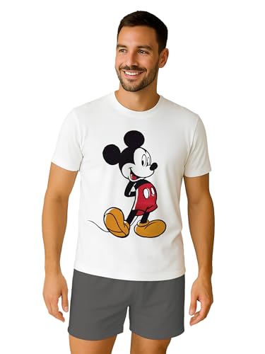Disney Mickey Mouse Schlafanzug für Herren - Pyjama Set Männer Kurzarm Oberteil mit Shorts Hose Grau/Weiß (DE/NL/SE/PL, Alphanumerisch, L, Regular, Regular)
