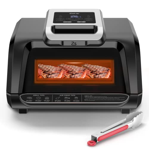 7-in-1 Indoor Grill Combo with See-Through Window and Silicon Tongs, Smokeless Electric Air Fryer up to 450°F, 1750W Contact Grill with Non-Stick Removable Plates, Even Heat, Black, 4Qt