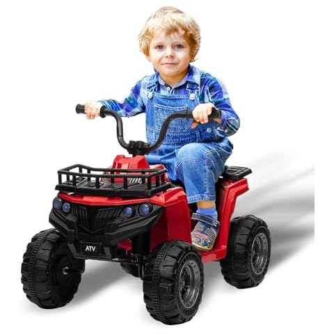 DIKEP 12V Kids Electric Ride On ATV, Boys Girls Powered Rechargeable Ride On Toy Off-Road Vehicle, Music Player, LED Lights, Storage Basket, Red Cover