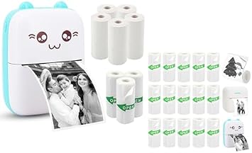 Mini Pocket Printer Set with 8 Rolls Printing Paper + 15 Rolls Thermal Sticker Paper Set, Blue