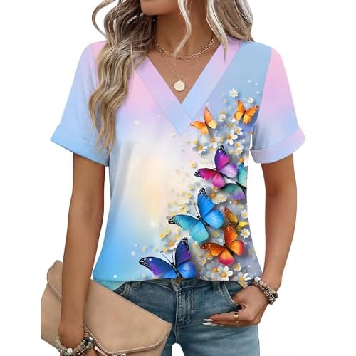 Rapbin T Shirts for Women Short Sleeve V Neck Tshirts Loose Fit Lightweight Soft Casual Summer Spring Tee Tops