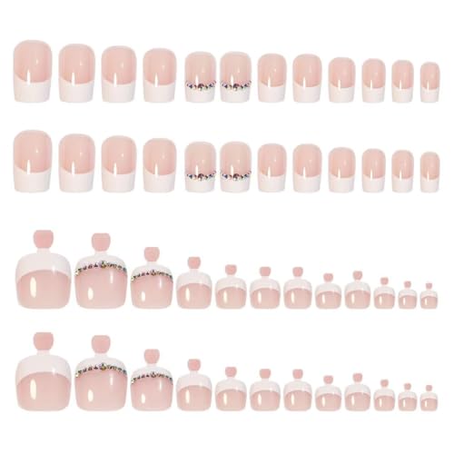 Image of 48 Pcs Square Press on Nails & Press on Toenails White French Tip Glue on Nails with Rhinestone Design Glossy Fake Nails Artificial Acrylic Full Cover Stick on Toe Nails for Women Summer Manicure