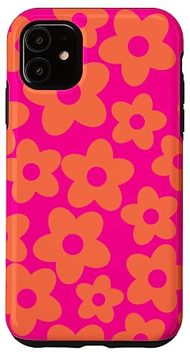 iPhone 11 Pink and Orange Daisy Pattern, Cute Aesthetic, Retro 70s Case
