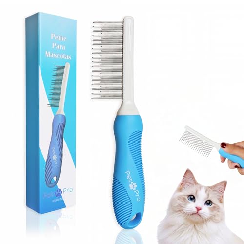 Pet Pro Essentials Peine para gatos o Peine perro con mango Confortable, Peine perro pelo corto y Peine perro pelo largo, Peine gato y Mascotas para Eliminar Nudos y Enredos (AZUL)