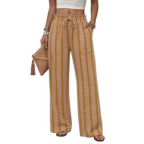 Image of Wide Leg Trousers for Women UK Elastic High Wasited Palazzo Pants Striped Lounge Pants Casual Trousers with Pockets,Yellow,L