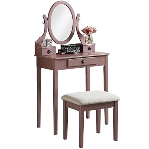 Roundhill Furniture Moniys Wood Moniya Makeup Vanity Table and Stool Set, Rose Gold