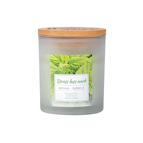 Candle Factory Wellness Duftkerzen im satinierten Glas mit Bambusdeckel aus pflanzlichem Stearin, ca. 30h Brennzeit, Duft: Stress lass nach