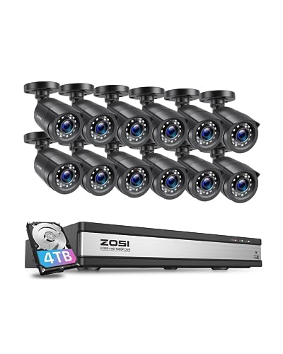 ZOSI 1080p 16CH Security Camera System,16 Channel H.265+ 5MP DVR with 4TB HDD and 12Pcs Outdoor Indoor 1920TVL 2MP CCTV Bullet Cameras with 80ft Long Night Vision, Human Vehicle Detection