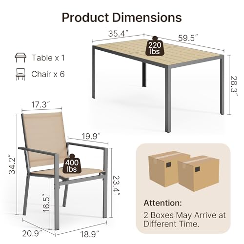 Ahomly Patio Table and Chairs Set for 6, Outdoor Dining Set Includes 59.5" Rectangle Patio Table with Side Umbrella Hole and 6 Textilene Fabric Patio Chairs for Backyard, Courtyard, Poolside, Brown