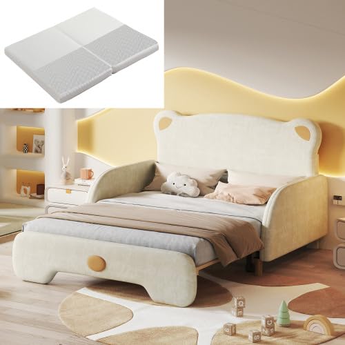 Merax Cama doble en forma de oso con colchón, cama tapizada, cama nido con bordes protectores suaves, terciopelo beige, 140 x 105 cm y 140 x 200 cm