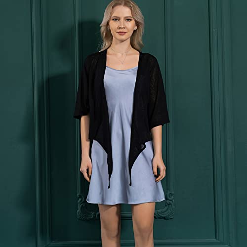 Dongfeng Women's 3/4 Sleeve Cropped Shrugs Lightweight Tie Front Sheer Chiffon Bolero Cardigan (Black,L) #TOP1