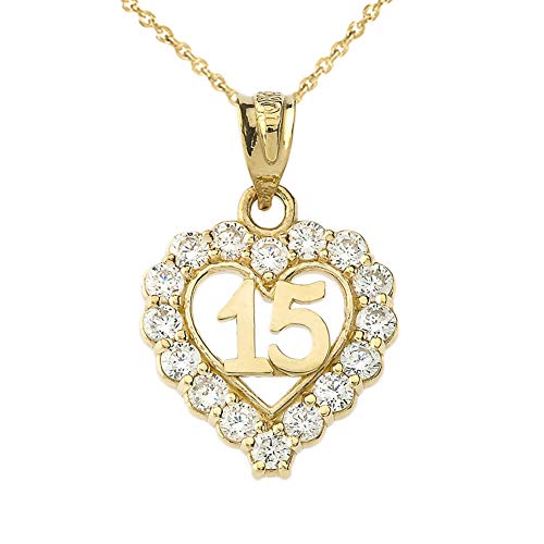 Elegant 14K Yellow Gold Quinceanera Open Heart Charm Pendant Necklace With Cubic Zirconia, 18" #TOP4
