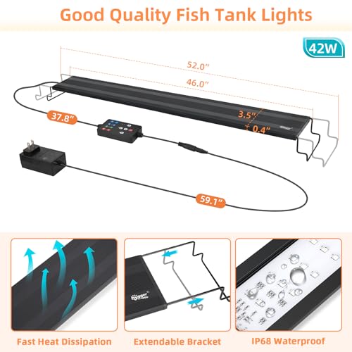 Image of hygger LED Aquarium Light, 42W Full Spectrum Fish Tank Light with Multi-Color Timer DIY Mode 24 /7 Natural Mode Adjustable Brightness, Aquarium Plant Light with Extendable Brackets for 46~52IN Tank