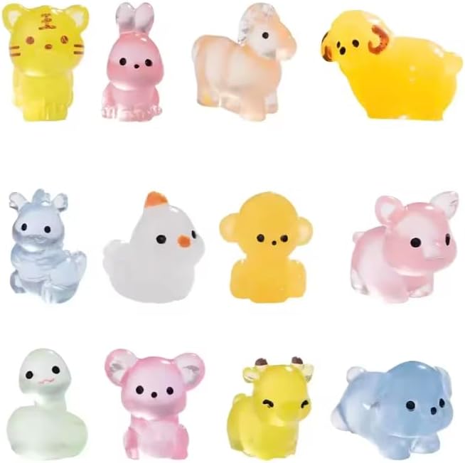 24PCS Mini Resin Chinese Zodiac Figures - Glow in The Dark Tiny Miniature Animals Mouse Ox Tiger Table Ornaments, Cute Car Dashboard Accessories, Small Fairy Garden Terrarium DIY Craft Charms