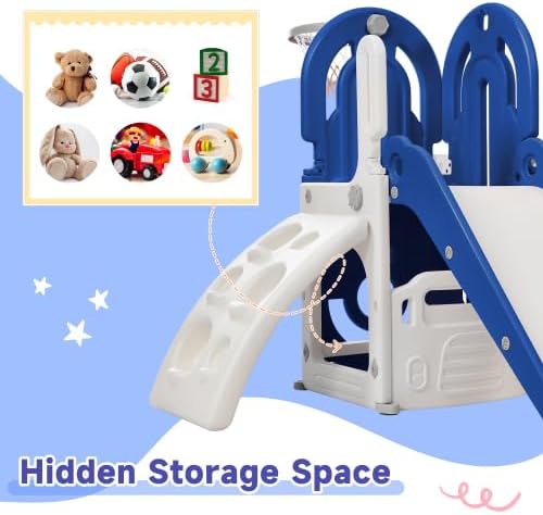 Toddler Climber and Slide Set 4 in 1, Kids Playground Climber Freestanding Slide Playset with Basketball Hoop Play Combination for Babies Indoor & Outdoor 3+ (Blue)