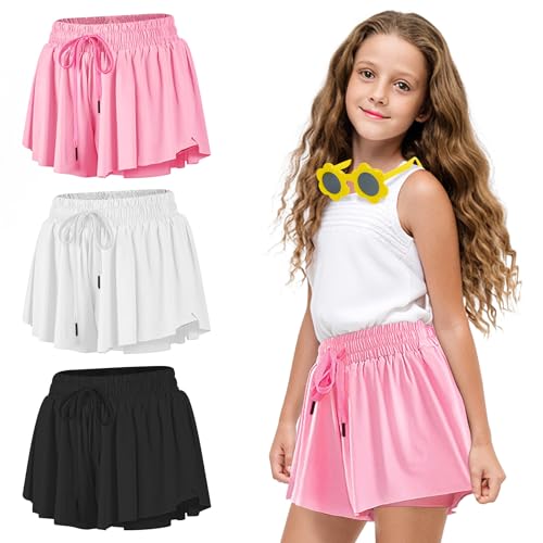 3 Packs Girls Athletic Shorts with Elastane Liner, Sports Running Fitness, 2-in-1 Butterfly Skirts with Pocket