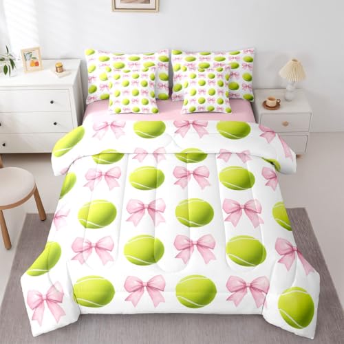 Feelyou Pink Bowknot Comforter Set Queen Size Tennis 7 Pcs Bedding for Kids and Adults, Boys Girls Bed in a Bag,Sports Theme Bed Sheet Sets with Fitted Sheet Pillowcases for Bedroom Bed Decor