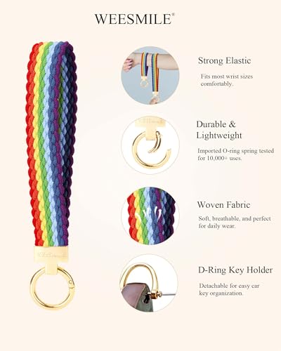 Image of WEESMILE Keychain Wristlet, Stretchy Key Chain for Car Keys with 2 Keyrings and D ring, Cute Wrist Lanyard for Women Men