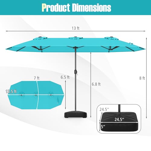 Image of Tangkula 13FT Double-sided Patio Umbrella, Extra Large Twin Table Umbrella with Crank Handle, Umbrella Base, Safety Lock, Air Vent, Outdoor Market Umbrella for Garden Pool Backyard (Turquoise)