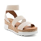 Athlefit Women's Casual Cork Platform Wedge Sandals Open Toe Elastic Ankle Strap Flatform Sandals for Summer, Beige, Size 8.5, AD00102