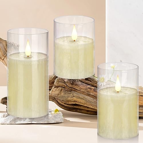 Flameless Flickering Remote Control Candle, Glass Pillar Candle,3 Pack (D:3"×H:4" 5" 6") LED 3D Flame Romantic Candle,Battery Operated Real Wax, Ideal for Wedding, Home Decor Holiday (Ivory)