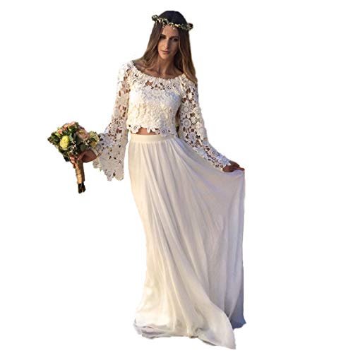 NUOJIA Robe de mariée bohème en dentelle - Deux pièces - Avec manches longues - Style bohème - Blanc - 34 Cover
