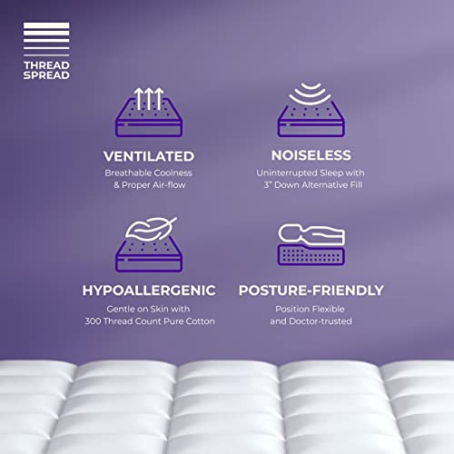 Twin Cooling Mattress Topper, Pillow-Top Optimum Thickness, Soft 100% Cotton Fabric, Breathable & Plush Quilted Down-Like Fill, Snug Deep Pocket Fit - White #TOP5