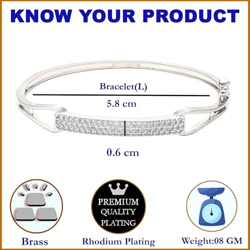 Image of ZENEME Rhodium-Plated Silver Toned American Diamond Openable Hinged Kada Bracelet for Women & Girls | CZ Studded Designer Hand Jewellery
