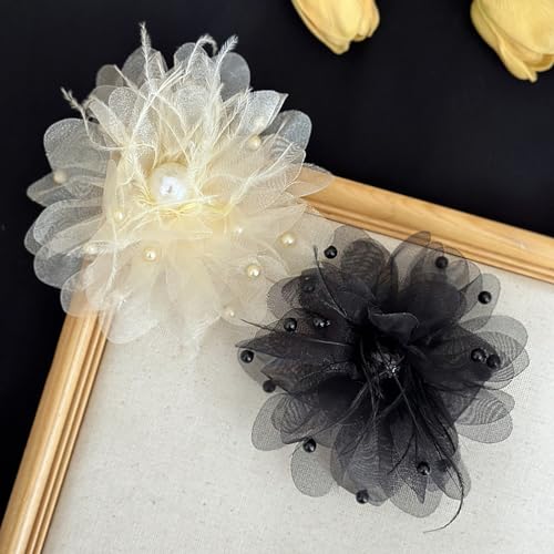 Image of Large Silk Camellia Flower Lapel Brooch Pin for Women Girls Handmade Fabric Rose Flower Floral Feather Faux Pearl Brooches Pins Dainty for Wedding Party Dance Suit Dress Accessories Jewelry Gifts