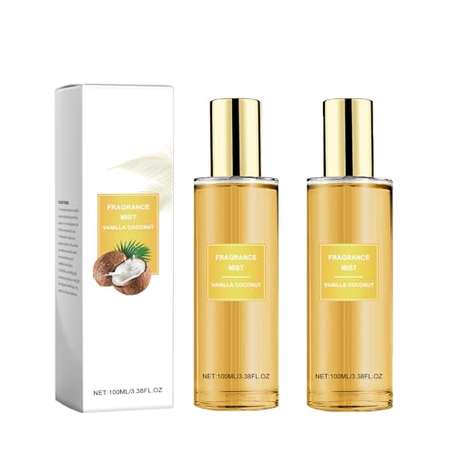 Spray per corpo alla vaniglia e al cocco per donne e uomini – Nebbia di profumo di lunga durata con oli naturali, idratante per pelle e capelli, leggero profumo da viaggio (2 pezzi)