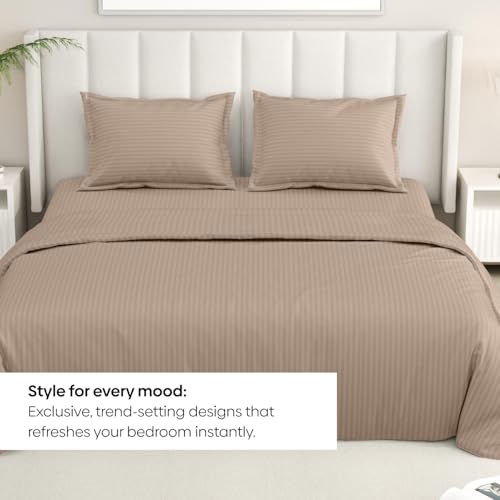 Image of Rivermoor Ultrasoft Bedsheet for Double Bed | Queen Size Bed Sheet with 2 Pillow Covers | Beige Satin Stripe | 90 x 98 Inches | Breathable & Hypoallergenic