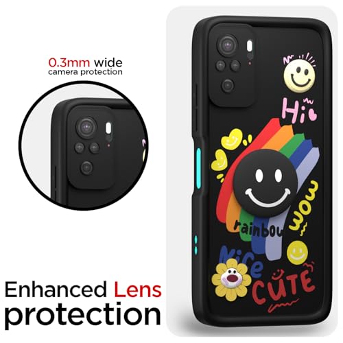 Image of Pikkme Back Cover for Redmi Note 10 / Note 10s / Note 11 SE | Soft Silicone| Cute Rainbow Smile & 3D Cartoon Flower Design | Shockproof Raised Camera Protection Bumper Case (Black)