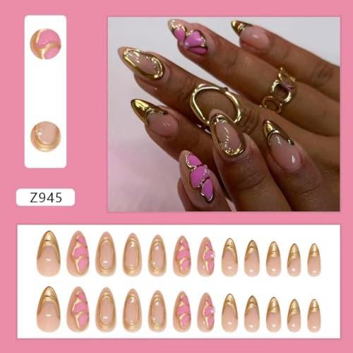 Image of Flower Press on Nails French Tip Fake Nails with 3D Gold Design Butterfly Glue on Nails Artificial Acrylic Nail Full Cover Medium Almond False Nude Stick on Nails for Women Manicure 24Pcs