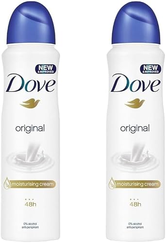 Dove Original 48h Antiperspirant Deodorant Spray 250ml (8.45oz) Women Aerosol, 1/4 Moisturising Cream, 0% Alcohol, Soft Smooth Underarms, Clean Fresh Scent, 2 Count
