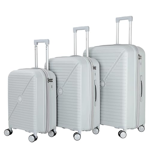 Senator Unisex Expandable PP Fashion Trolley Luggage Set Lightweight Hard Shell Spinner luggage with 360° Degree 4 Twin Wheel and Double Zippers KH1006 (Set of 3, Silver)