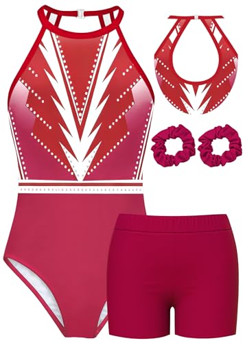 MOLLDAN Gymnastics Leotard for Girls Halter Neck Biketard Unitard Tumbling Activewear for Kids,No Diamond(DC023-90-9Y)