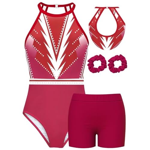 MOLLDAN Gymnastics Leotard for Girls Halter Neck Biketard Unitard Tumbling Activewear for Kids,No Diamond Red&white Style 11Y(11-12 Years)